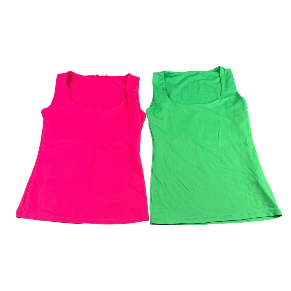 Zara Womens Basic Scoop Neck Tank Top Bundle Pink Green Size Medium 2 Pack WP890